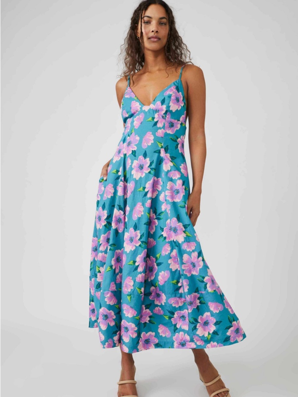 Free People Teal Maxi Dress with Pink Floral Print